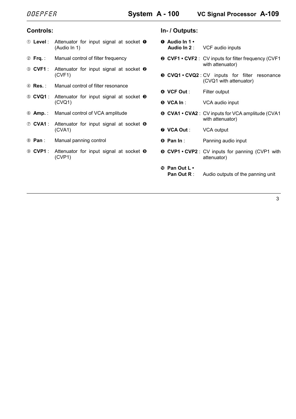 System a - 100, A-109, Doepfer | Vc signal processor, Controls, In- / outputs | Doepfer A-109 Voltage Controlled Audio Signal Processor User Manual | Page 3 / 10