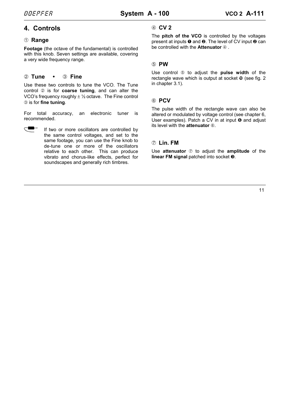 System a - 100, A-111, Controls | Doepfer A-111-1 High End VCO User Manual | Page 11 / 14