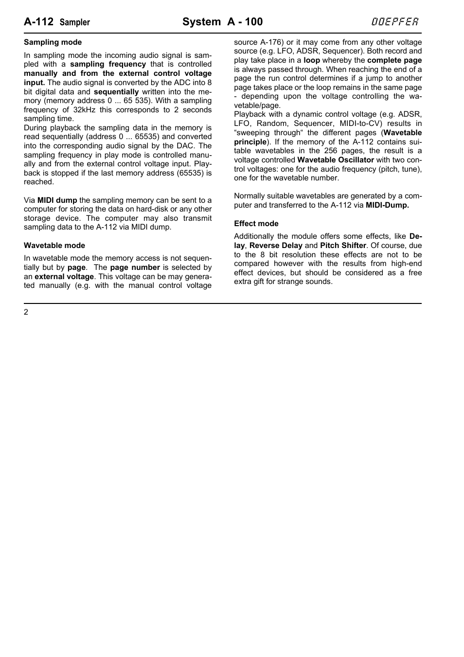A-112, System a - 100 | Doepfer A-112 Sampler/Wavetable Oscillator User Manual | Page 2 / 24