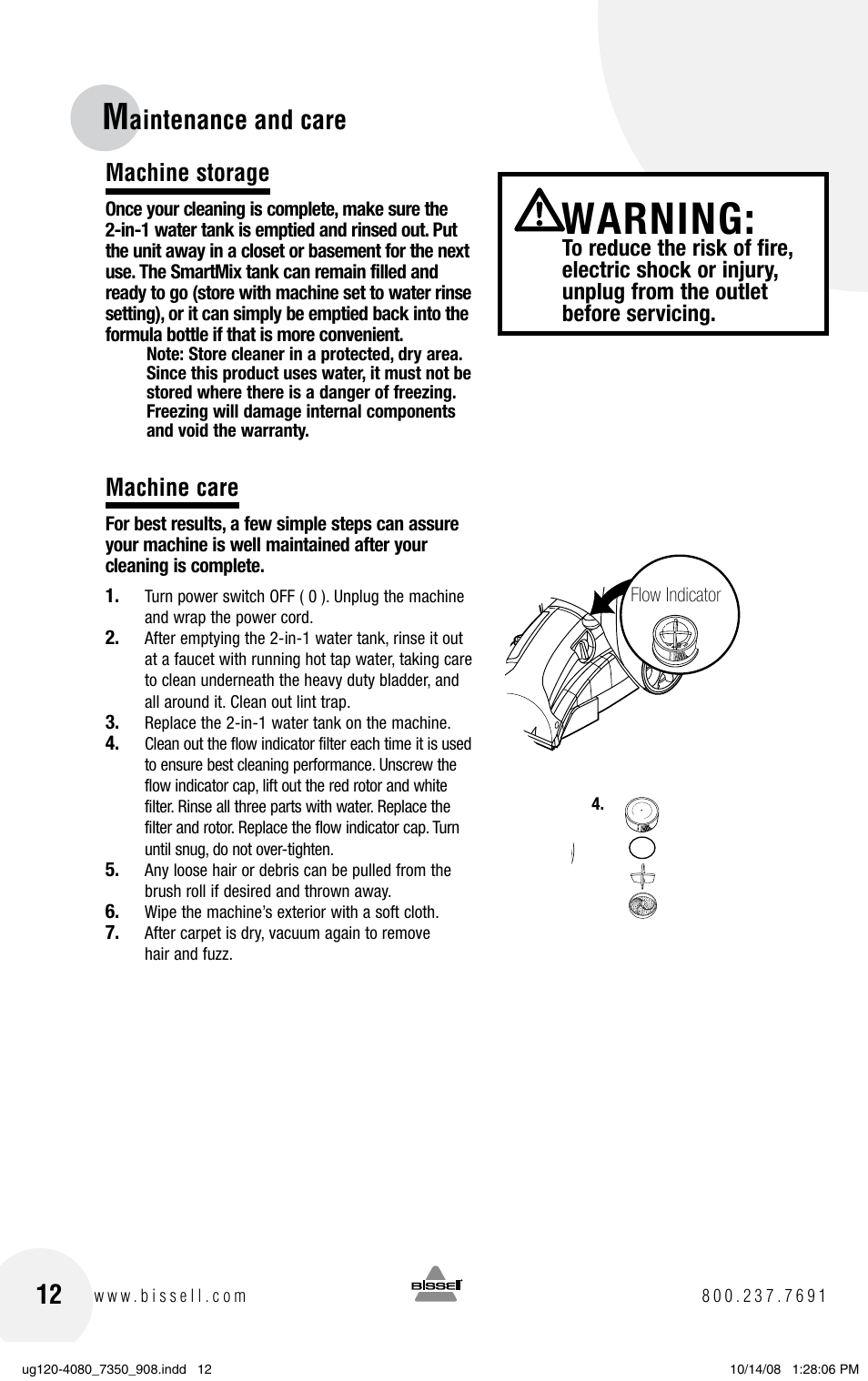 Warning, Aintenance and care, Machine storage | Machine care | Bissell PowerSteamer 8806 series User Manual | Page 12 / 20