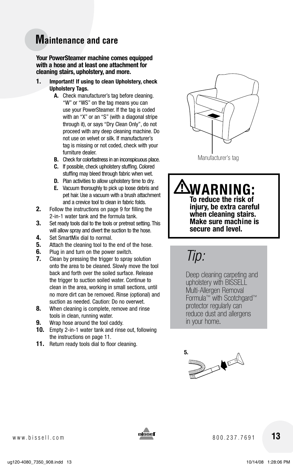 Warning, Aintenance and care | Bissell PowerSteamer 8806 series User Manual | Page 13 / 20