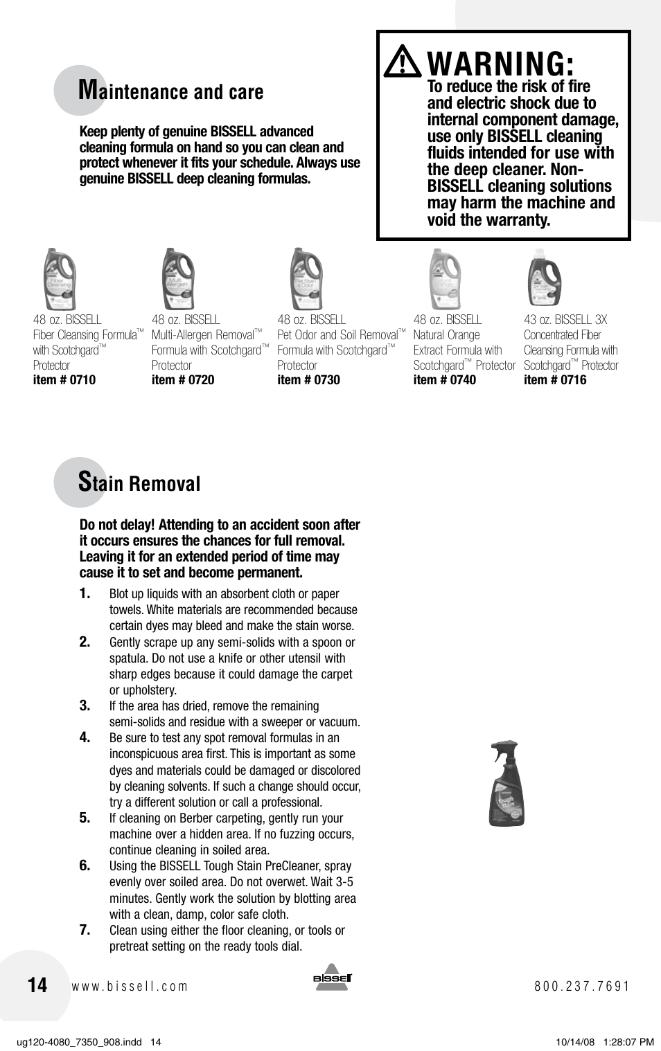 Warning, Aintenance and care, Tain removal | Bissell PowerSteamer 8806 series User Manual | Page 14 / 20