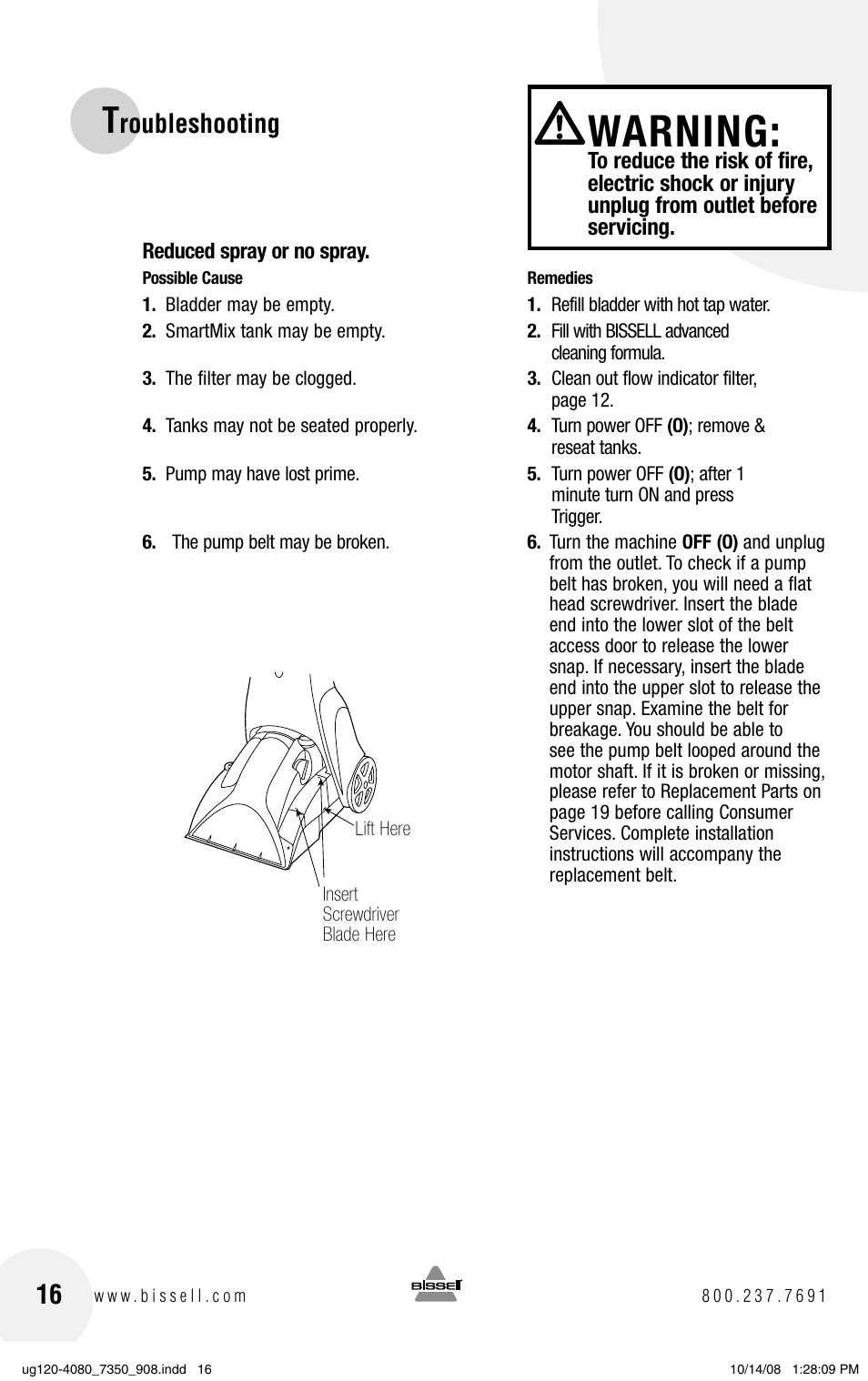 Warning, Roubleshooting | Bissell PowerSteamer 8806 series User Manual | Page 16 / 20