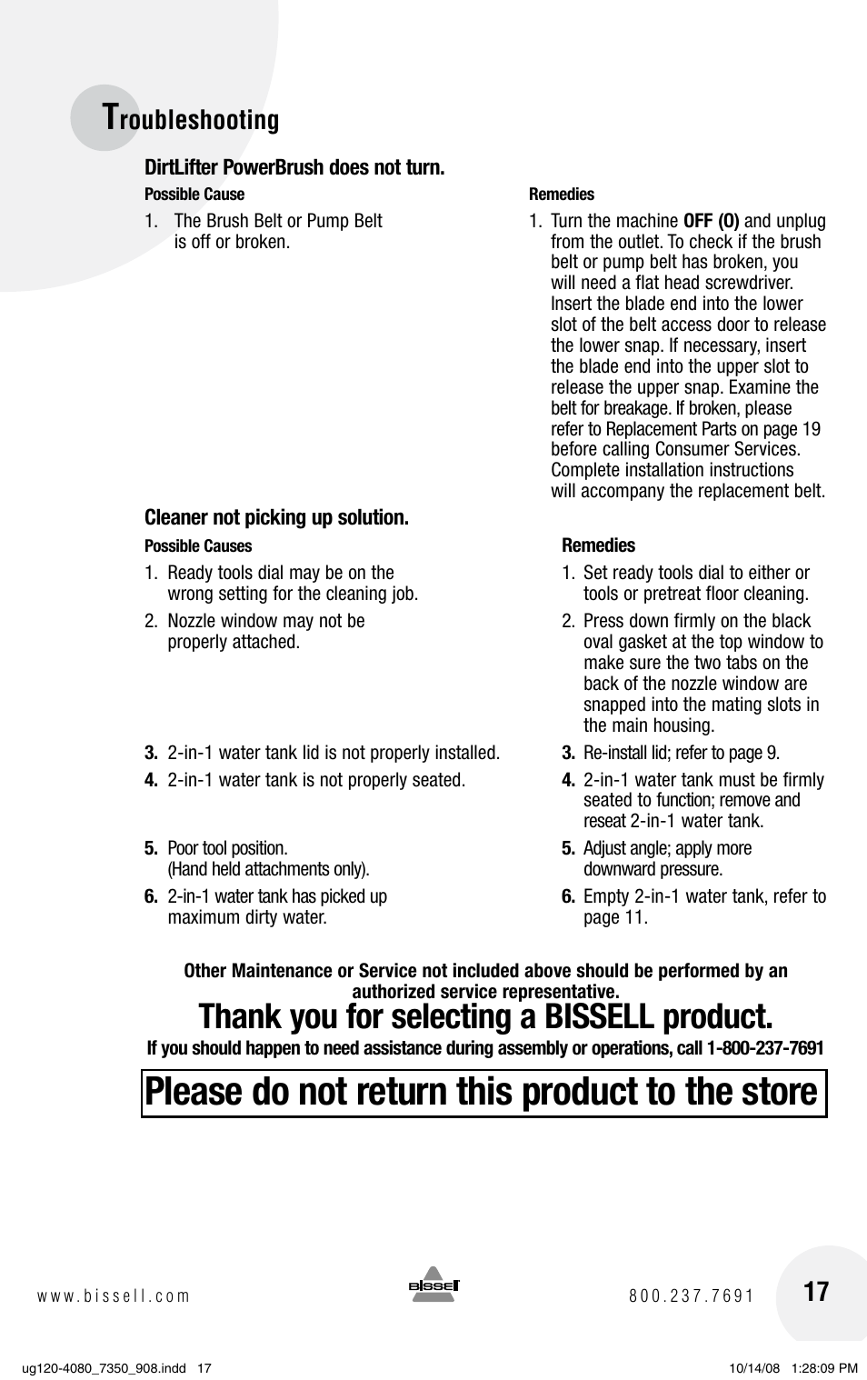 Please do not return this product to the store, Roubleshooting 17 | Bissell PowerSteamer 8806 series User Manual | Page 17 / 20