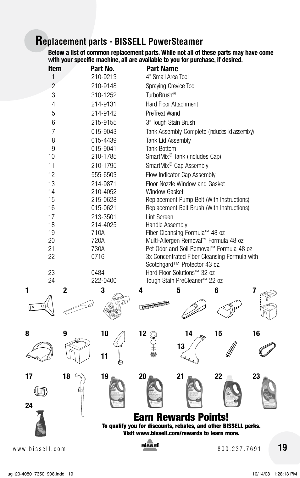 Earn rewards points, Eplacement parts - bissell powersteamer | Bissell PowerSteamer 8806 series User Manual | Page 19 / 20