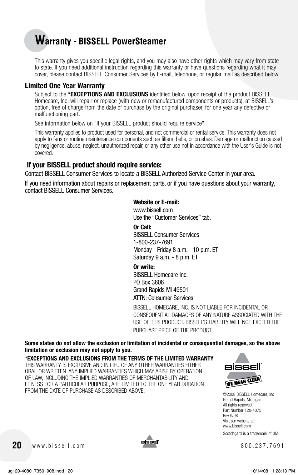 Arranty - bissell powersteamer | Bissell PowerSteamer 8806 series User Manual | Page 20 / 20