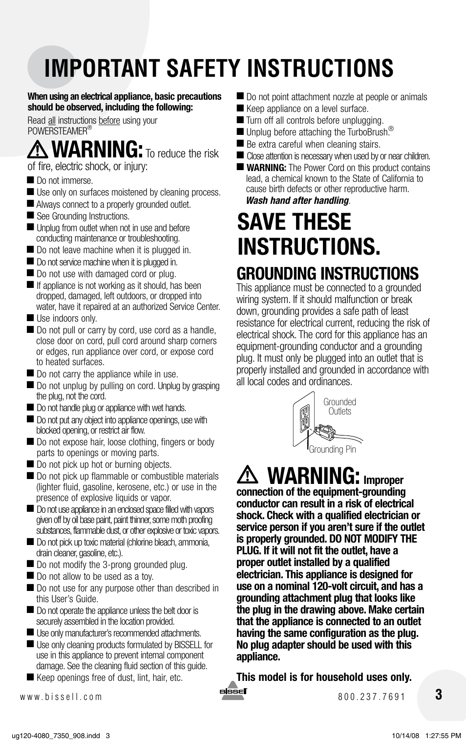 Important safety instructions, Warning, Save these instructions | Grounding instructions | Bissell PowerSteamer 8806 series User Manual | Page 3 / 20