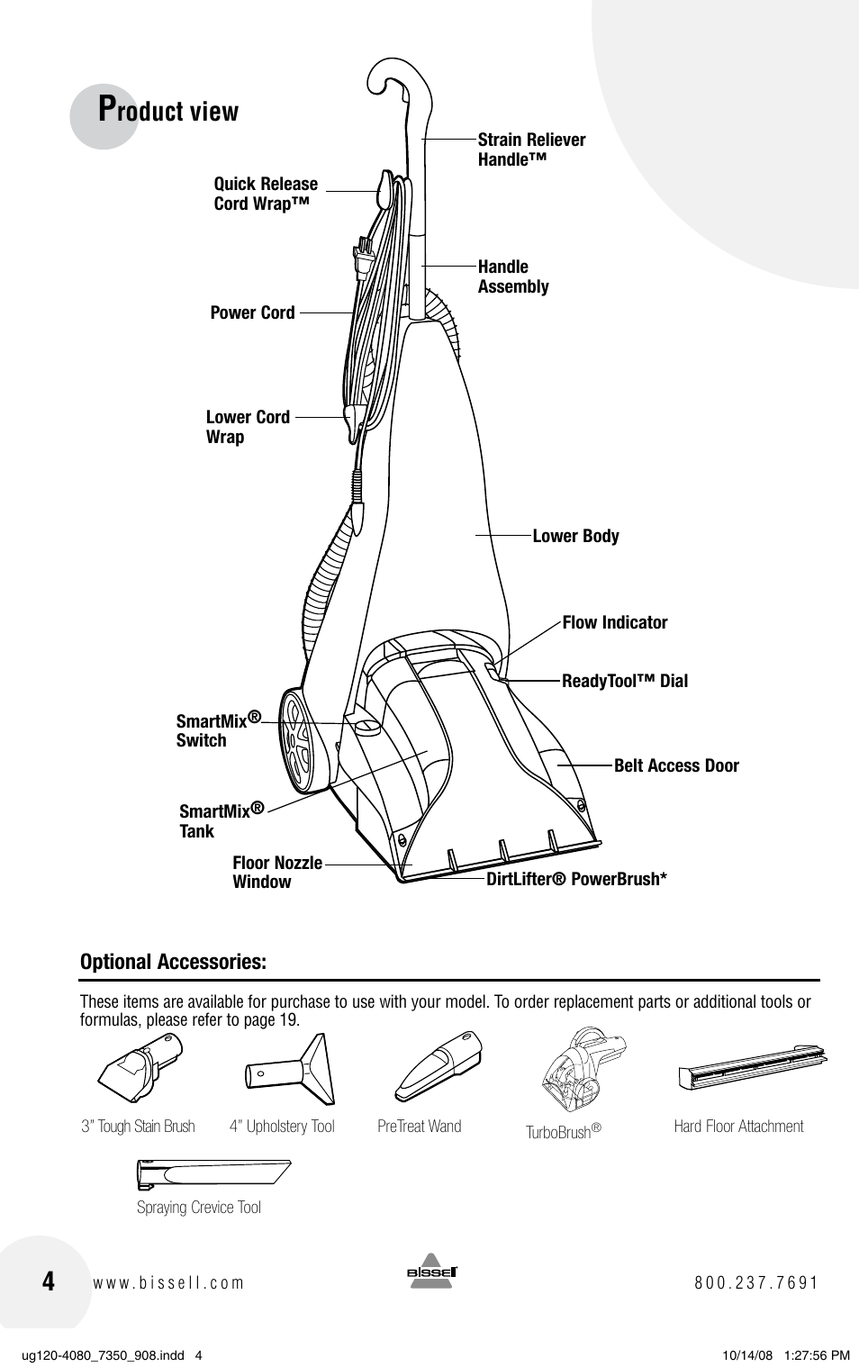 Roduct view, Optional accessories | Bissell PowerSteamer 8806 series User Manual | Page 4 / 20