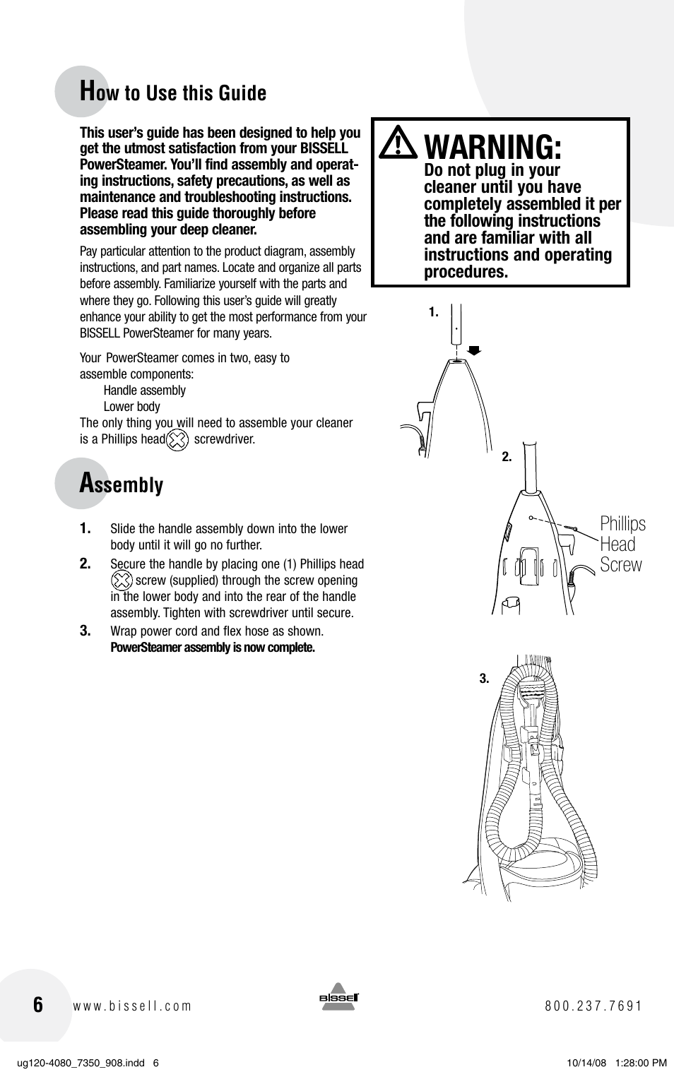 Warning, Ow to use this guide, Ssembly 6 | Phillips head screw | Bissell PowerSteamer 8806 series User Manual | Page 6 / 20