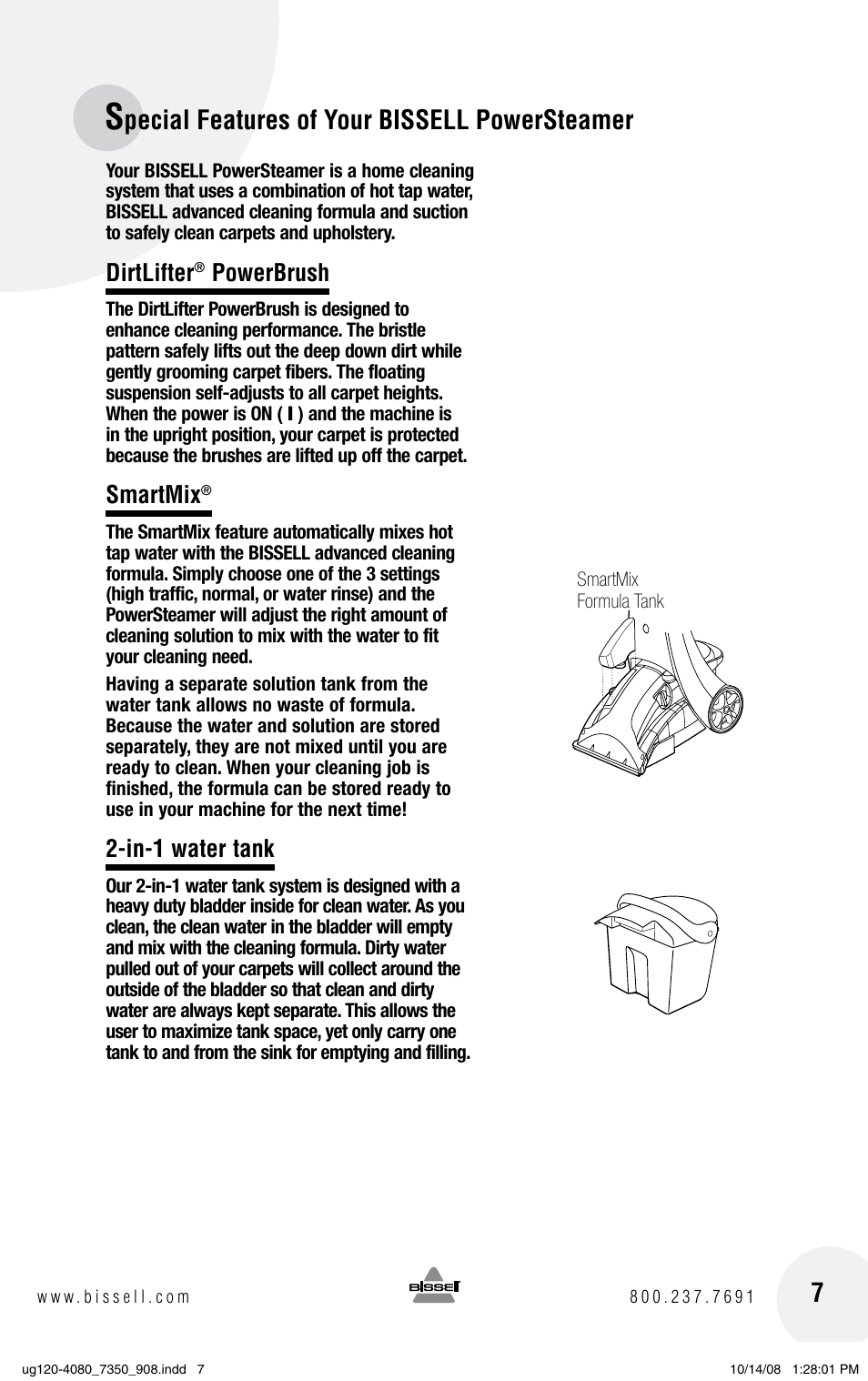 Pecial features of your bissell powersteamer, Dirtlifter, Powerbrush | Smartmix, In-1 water tank | Bissell PowerSteamer 8806 series User Manual | Page 7 / 20