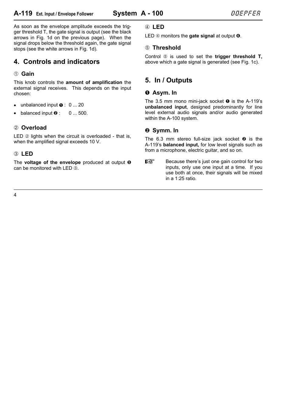 A-119, System a - 100, Controls and indicators | Doepfer A-119 External Input/Envelope Follower User Manual | Page 4 / 8