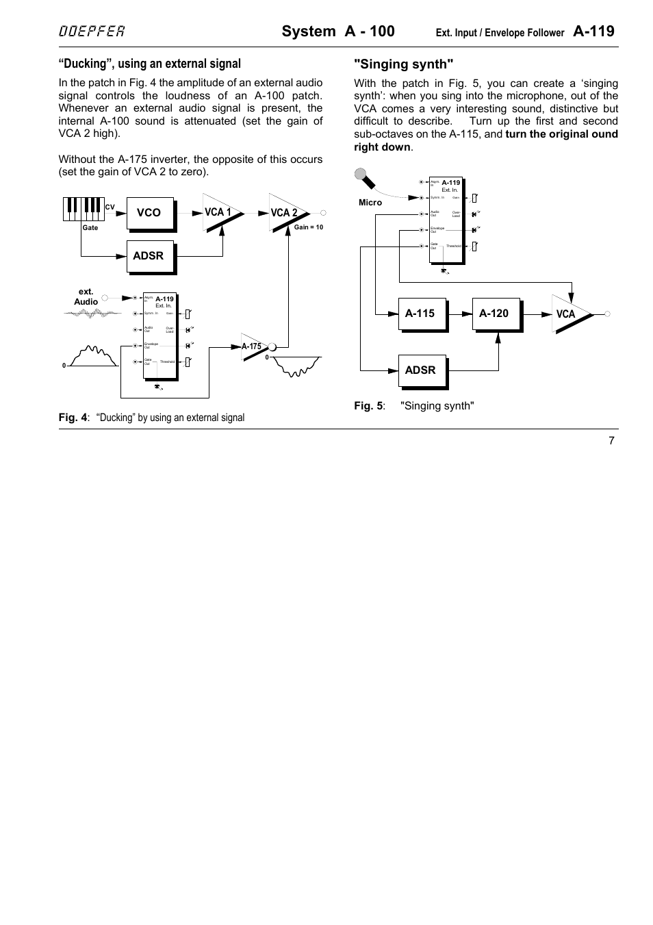 System a - 100, A-119, Doepfer | Ducking”, using an external signal, Singing synth, Ext. input / envelope follower, Vco vca 2 vca 1 adsr | Doepfer A-119 External Input/Envelope Follower User Manual | Page 7 / 8