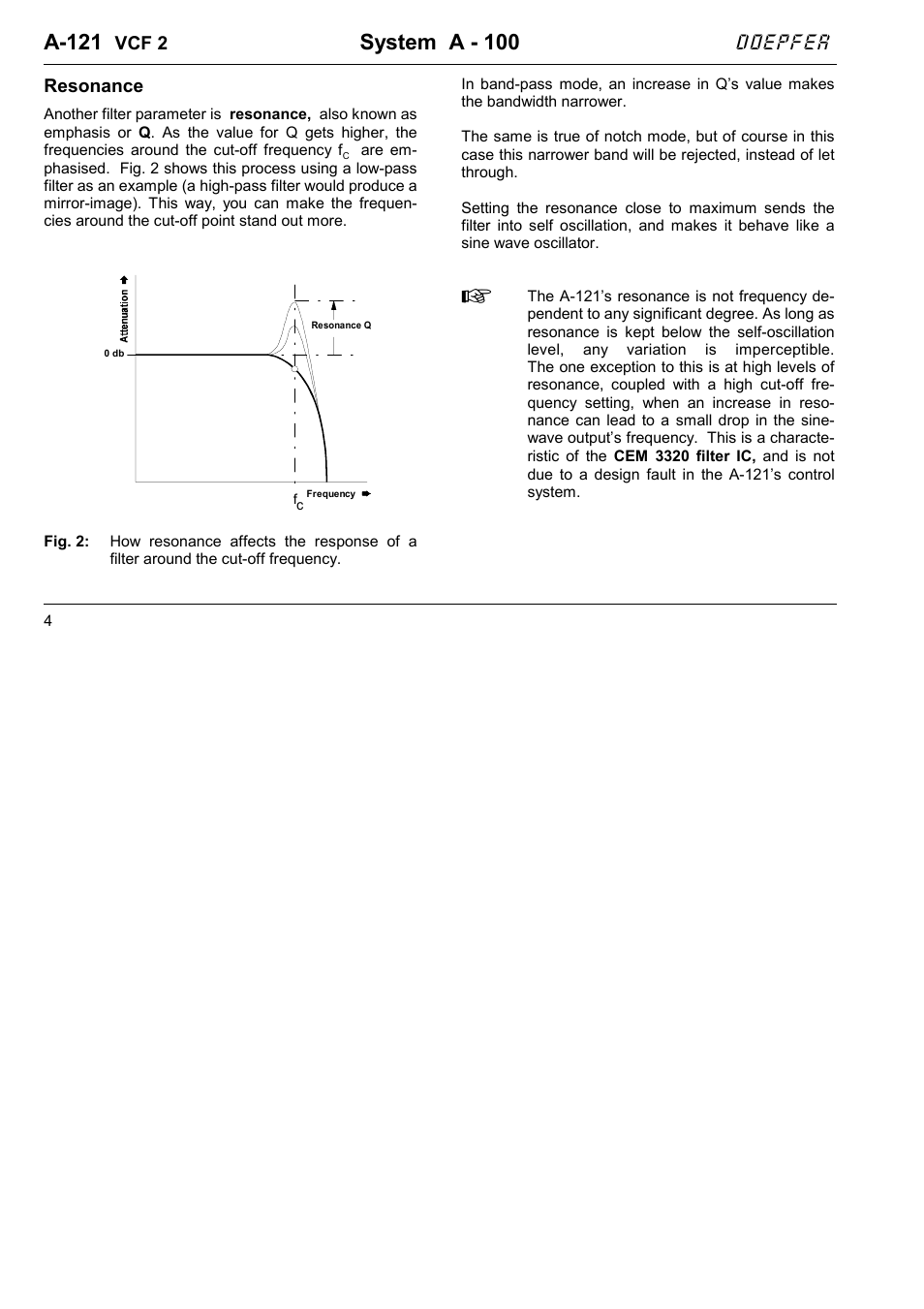A-121, System a - 100, Doepfer | Vcf 2, Resonance | Doepfer A-121 12dB Multimode VCF User Manual | Page 4 / 10