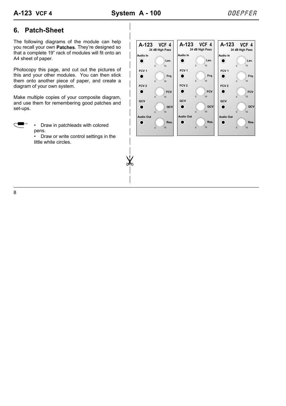 A-123, System a - 100, Patch-sheet | Doepfer, Vcf 4 | Doepfer A-123 24dB High Pass (no longer available) User Manual | Page 8 / 8