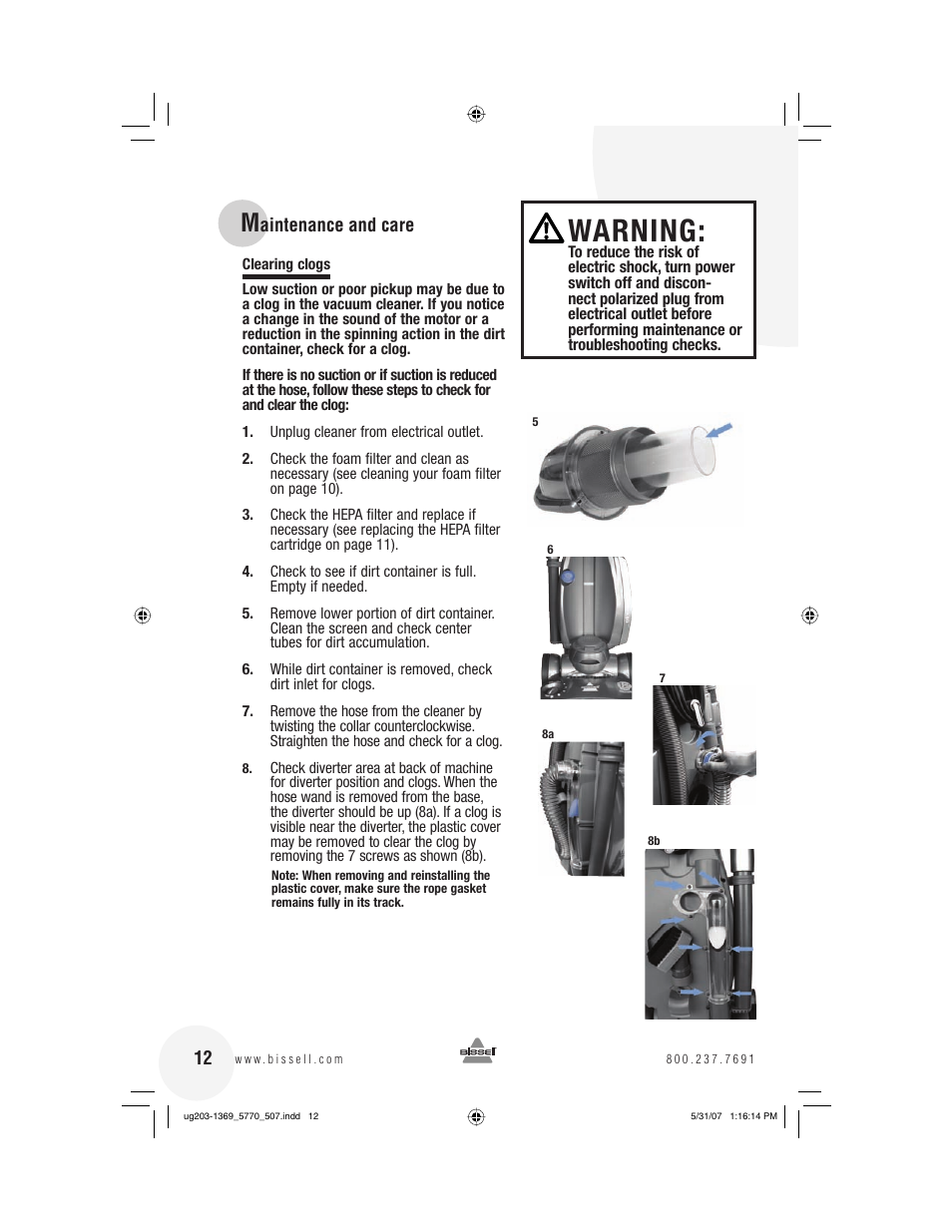 Warning | Bissell 6405  EN User Manual | Page 12 / 20