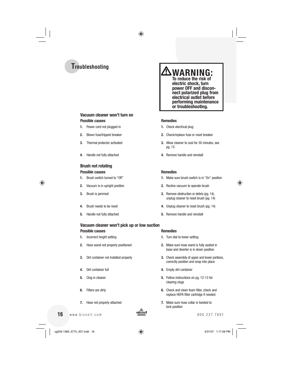 Warning, Roubleshooting | Bissell 6405  EN User Manual | Page 16 / 20