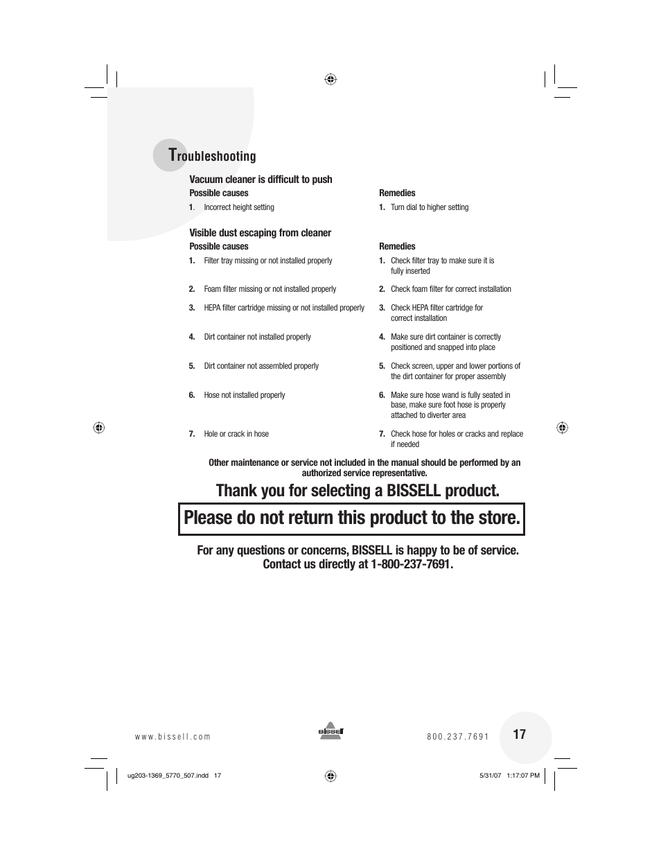 Please do not return this product to the store, Roubleshooting 17 | Bissell 6405  EN User Manual | Page 17 / 20