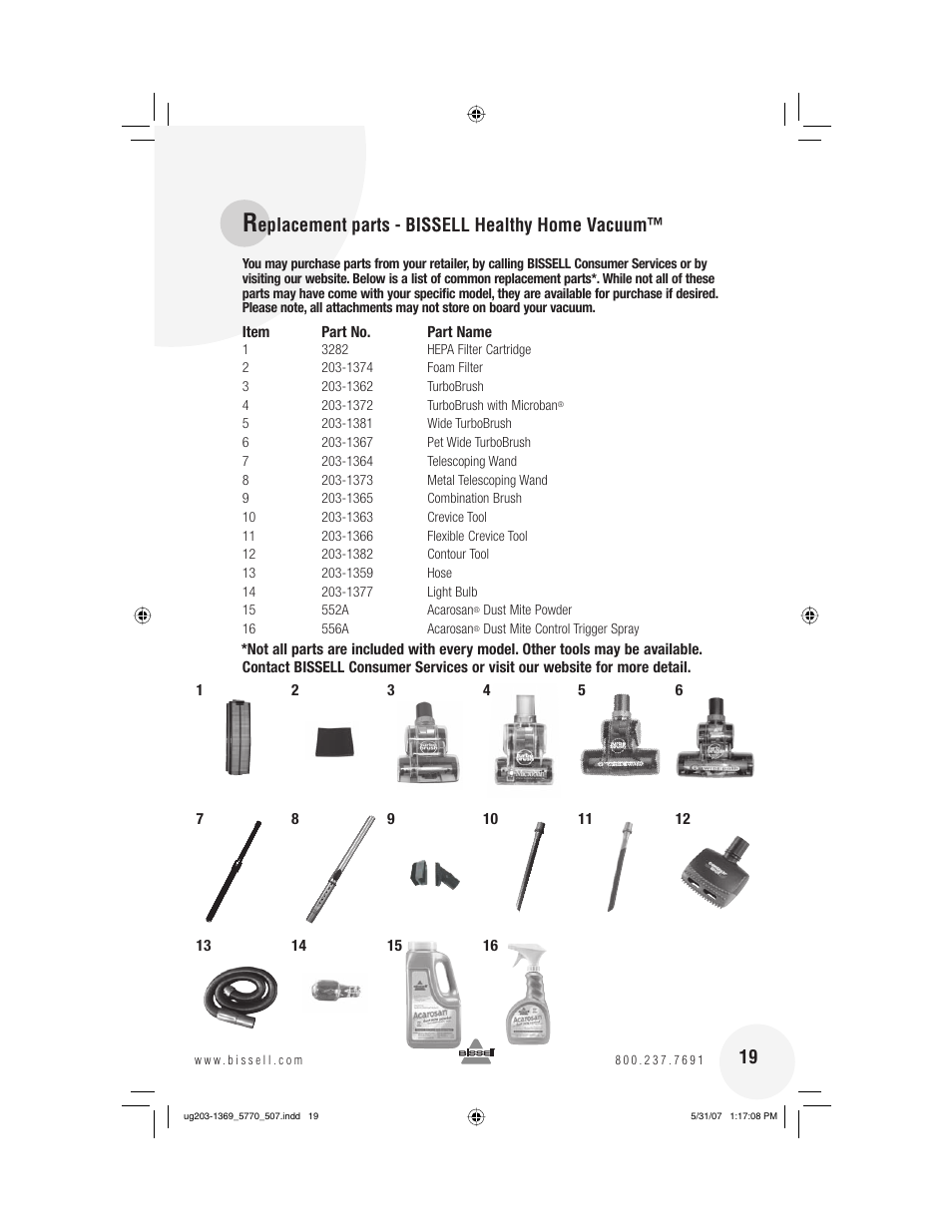 Eplacement parts - bissell healthy home vacuum | Bissell 6405  EN User Manual | Page 19 / 20