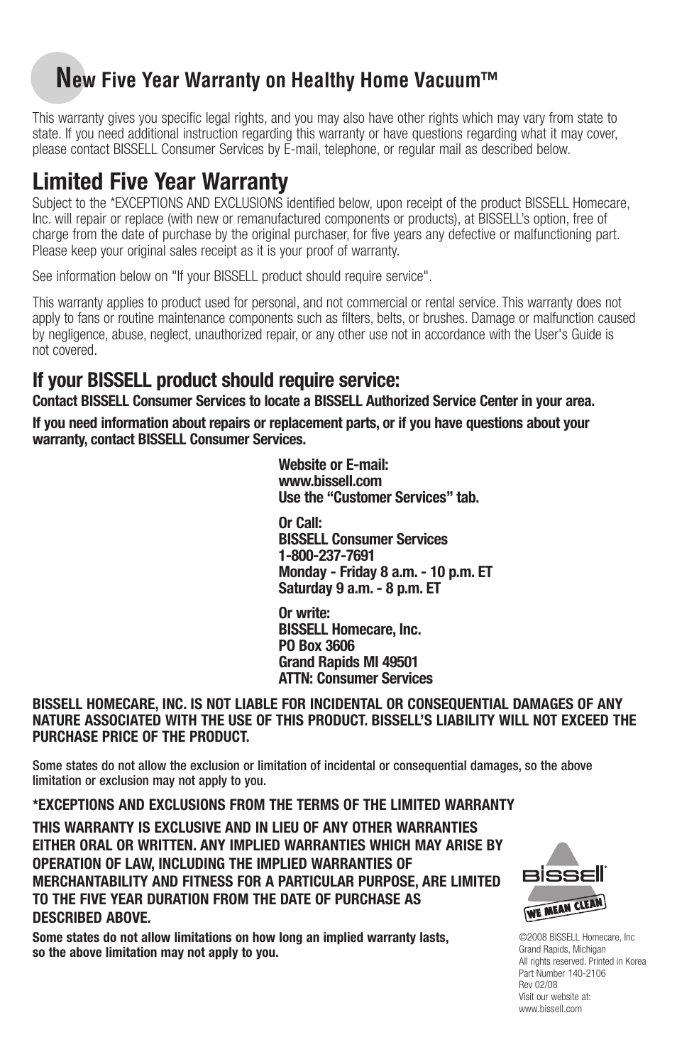 Limited five year warranty, Ew five year warranty on healthy home vacuum, If your bissell product should require service | Bissell 6405  EN User Manual | Page 20 / 20