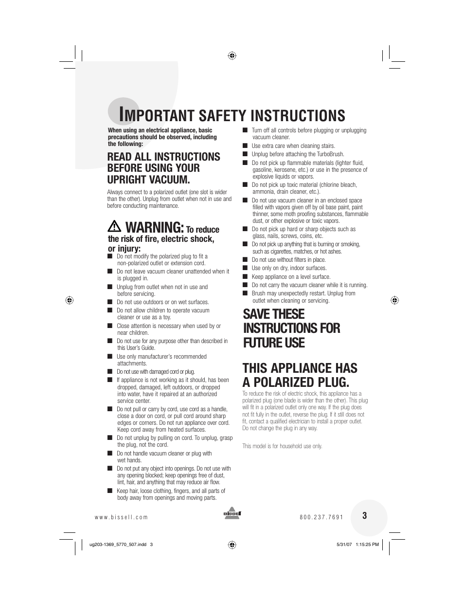 Mportant safety instructions, Warning | Bissell 6405  EN User Manual | Page 3 / 20