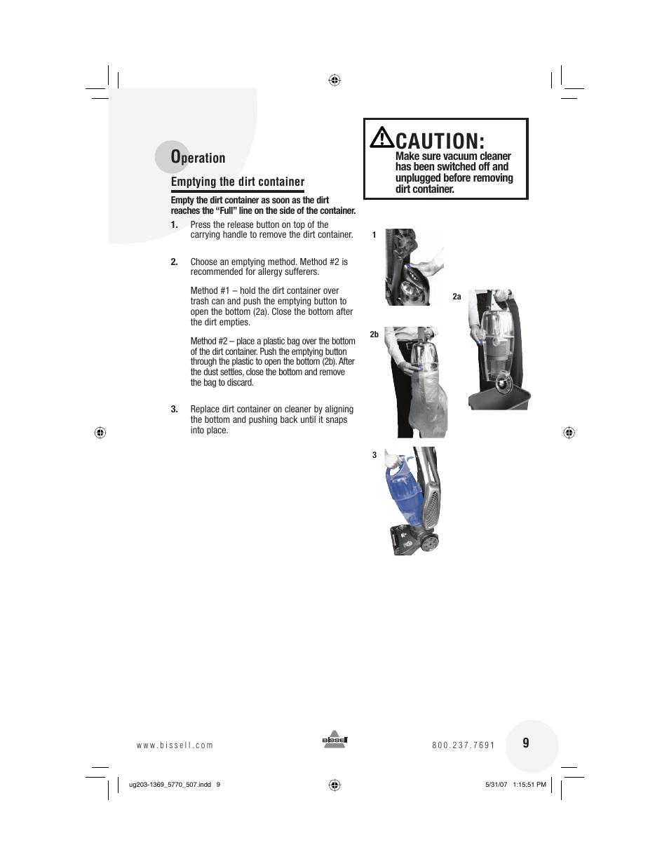 Caution, Peration 9 | Bissell 6405  EN User Manual | Page 9 / 20