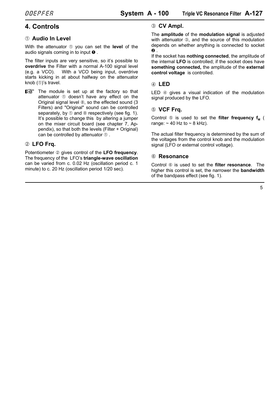 System a - 100, A-127, Controls | Doepfer A-127 Triple VC Resonance Filter User Manual | Page 5 / 12