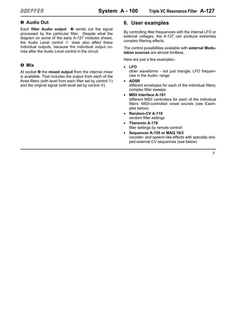 System a - 100, A-127, User examples | Doepfer | Doepfer A-127 Triple VC Resonance Filter User Manual | Page 7 / 12