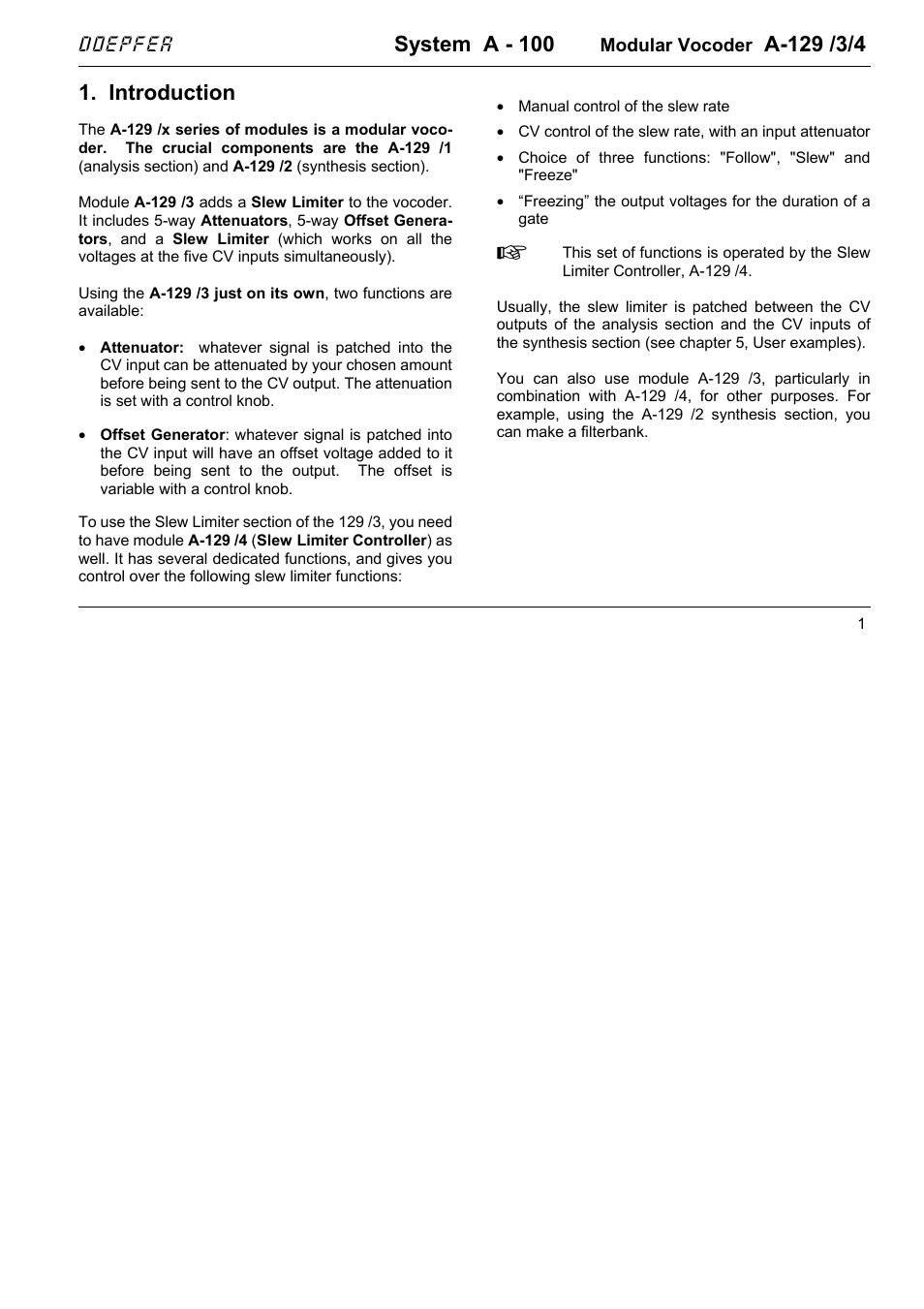 Doepfer A-129-3/4 Vocoder Slew-Limiter/Attenuator/Offset and Controller User Manual | 10 pages