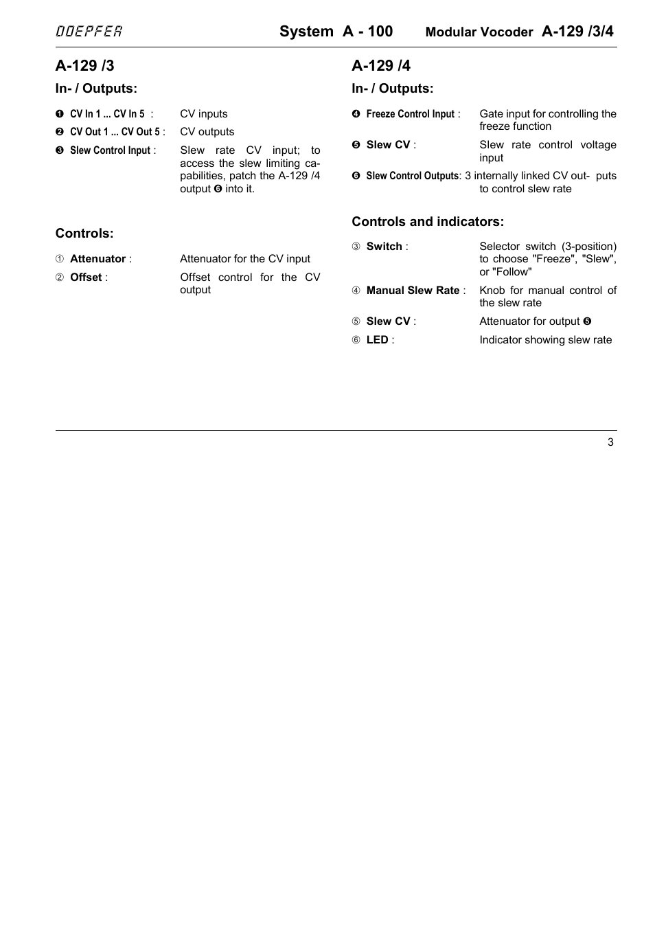 System a - 100, A-129 /3, A-129 /4 | Doepfer | Doepfer A-129-3/4 Vocoder Slew-Limiter/Attenuator/Offset and Controller User Manual | Page 3 / 10