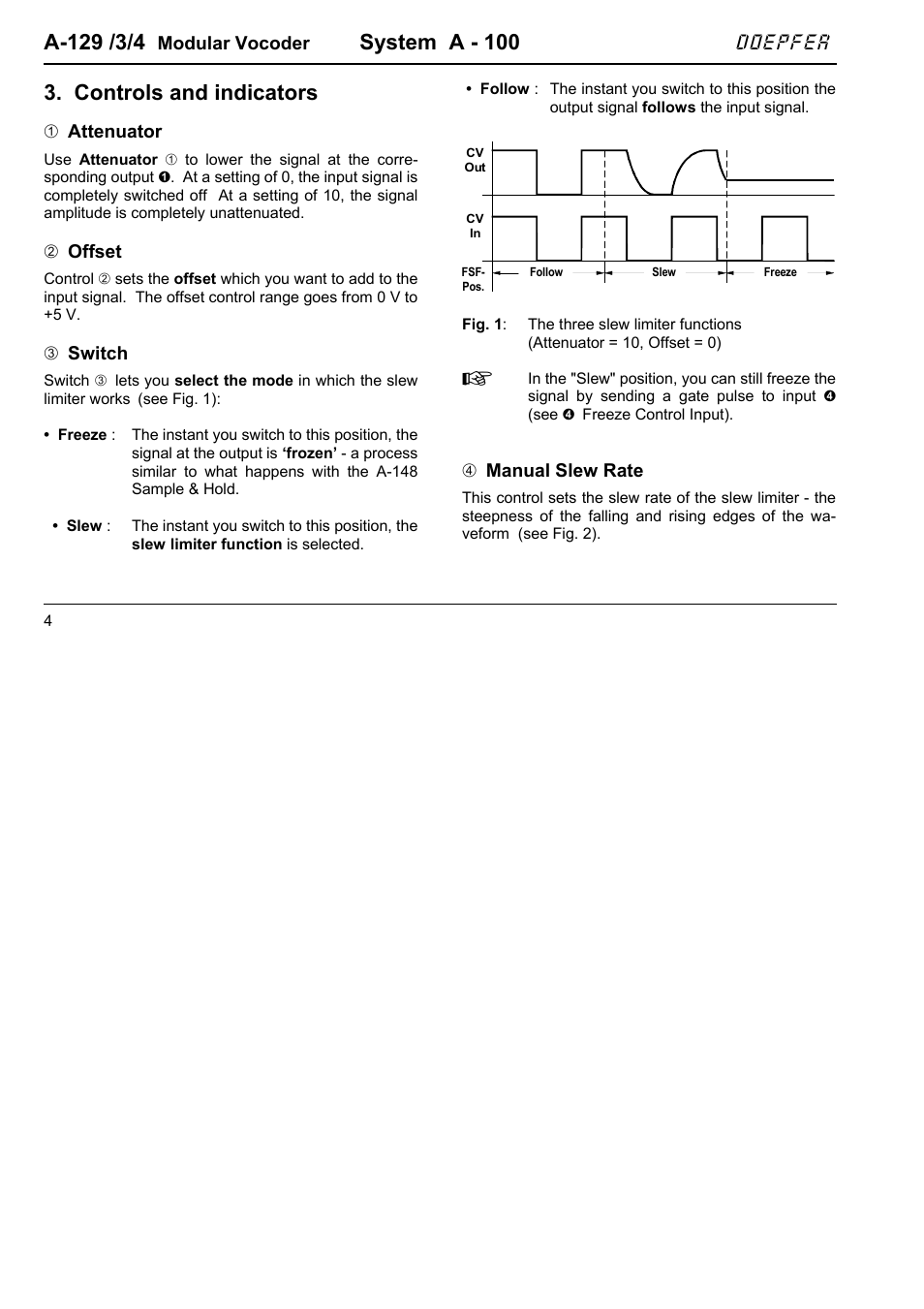 System a - 100, Controls and indicators, Doepfer | Doepfer A-129-3/4 Vocoder Slew-Limiter/Attenuator/Offset and Controller User Manual | Page 4 / 10