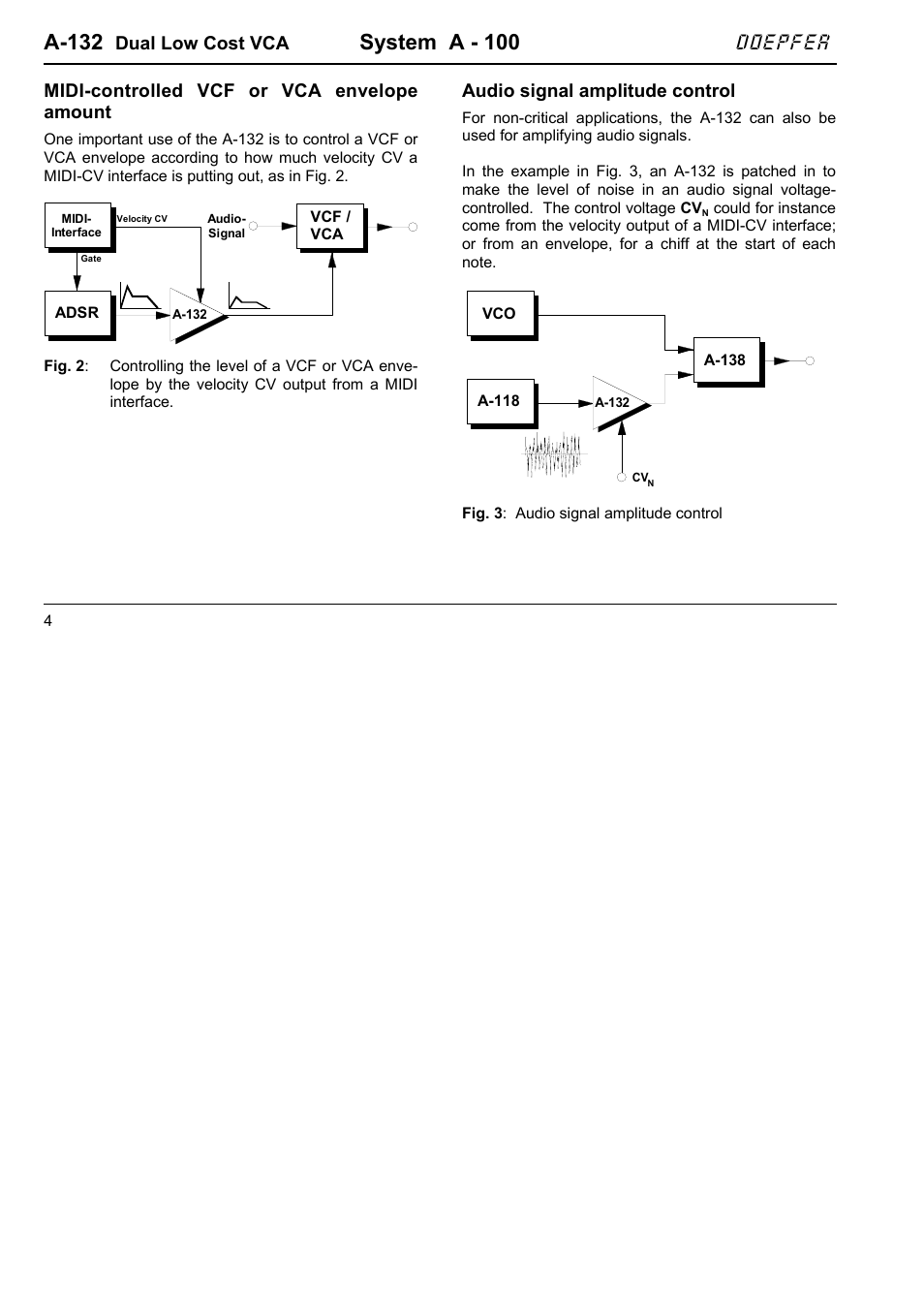 A-132, System a - 100, Doepfer | Dual low cost vca, Midi-controlled vcf or vca envelope amount, Audio signal amplitude control | Doepfer A-132-1 Dual low cost VCA User Manual | Page 4 / 6