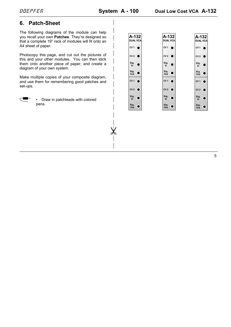 System a - 100, A-132, Patch-sheet | Doepfer, Dual low cost vca, Draw in patchleads with colored pens | Doepfer A-132-1 Dual low cost VCA User Manual | Page 5 / 6