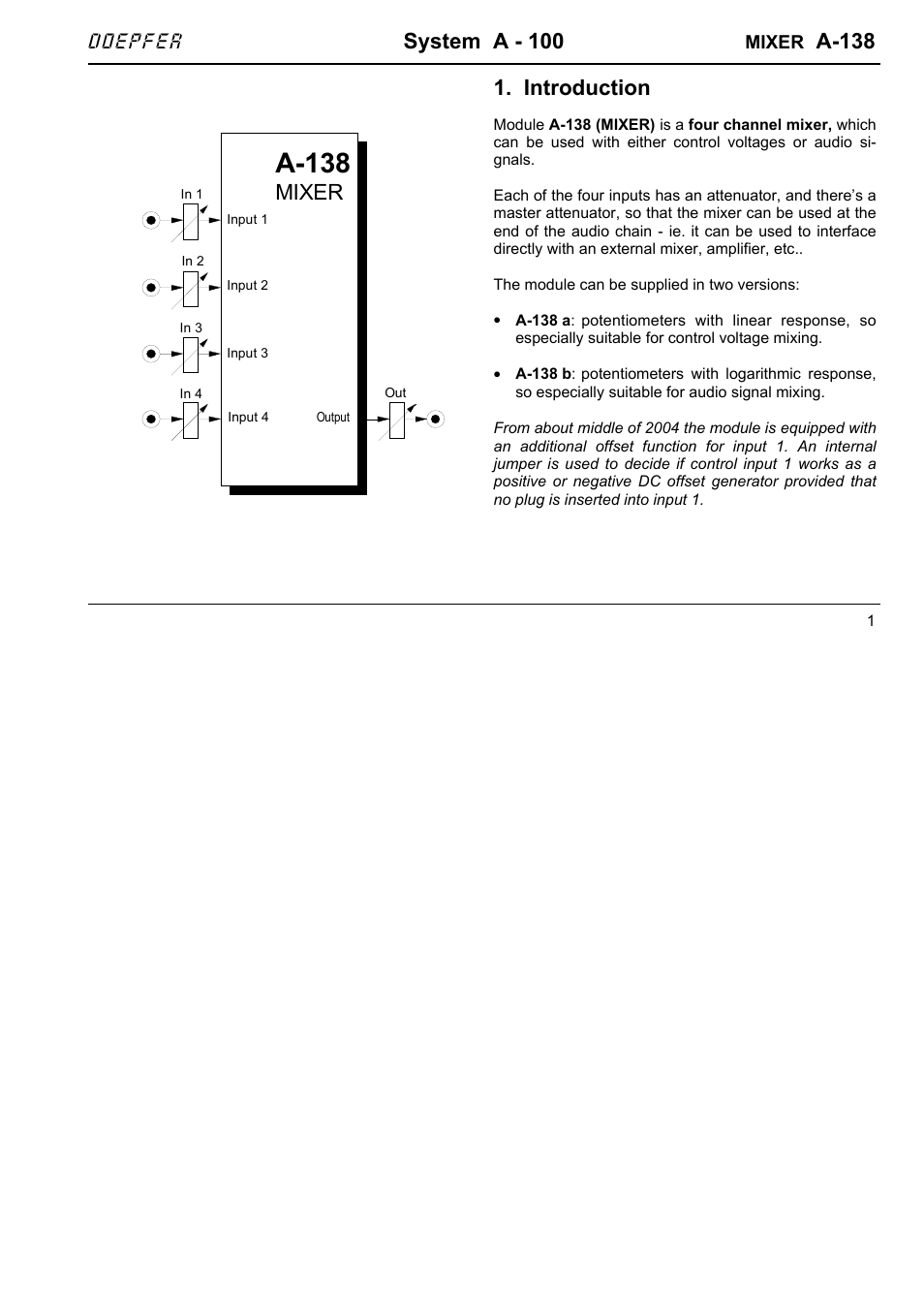 Doepfer A-138 a/b Mixer (linear / logarithimc) User Manual | 4 pages