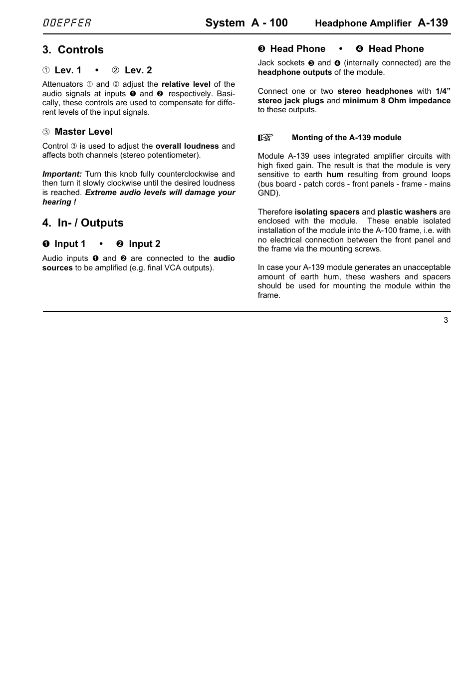 System a - 100, A-139, Controls | In- / outputs | Doepfer A-139 Headphone Amplifier (no longer available) User Manual | Page 3 / 4