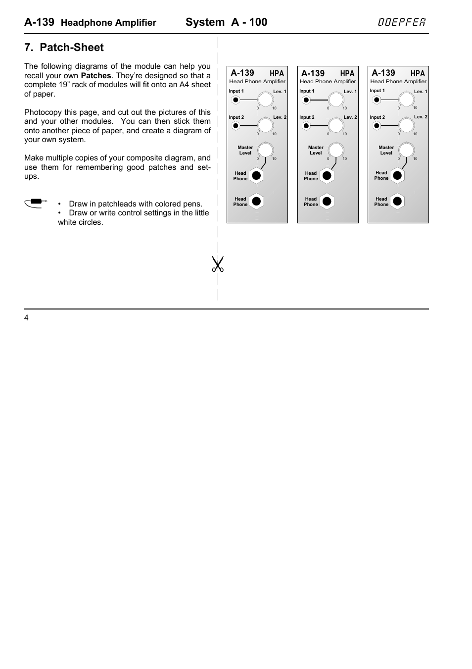 A-139, System a - 100, Patch-sheet | Doepfer, Headphone amplifier | Doepfer A-139 Headphone Amplifier (no longer available) User Manual | Page 4 / 4