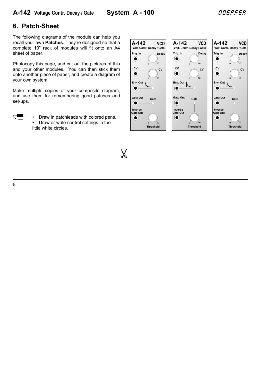 A-142, System a - 100, Patch-sheet | Doepfer, Voltage contr. decay / gate | Doepfer A-142 VC Decay/Gate User Manual | Page 8 / 8