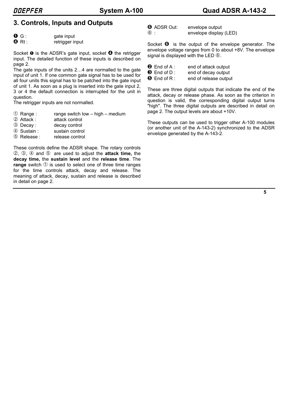 Doepfer, Controls, inputs and outputs | Doepfer A-143-2 Quad ADSR User Manual | Page 5 / 6