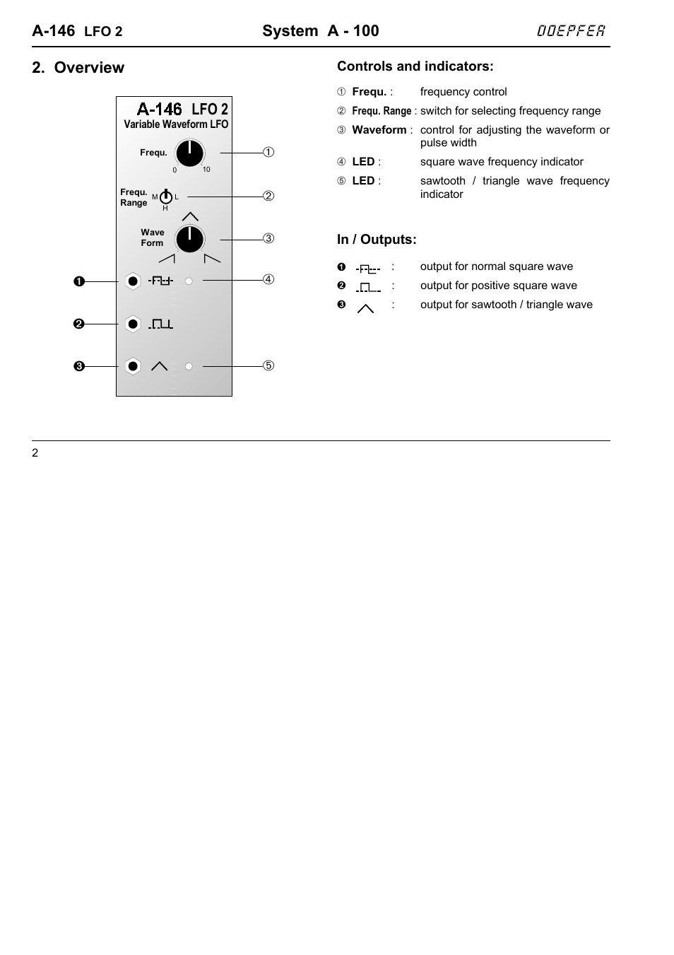 A-146, System a - 100, Overview | Lfo 2, Doepfer | Doepfer A-146 LFO 2 (variable Waveform) User Manual | Page 2 / 8