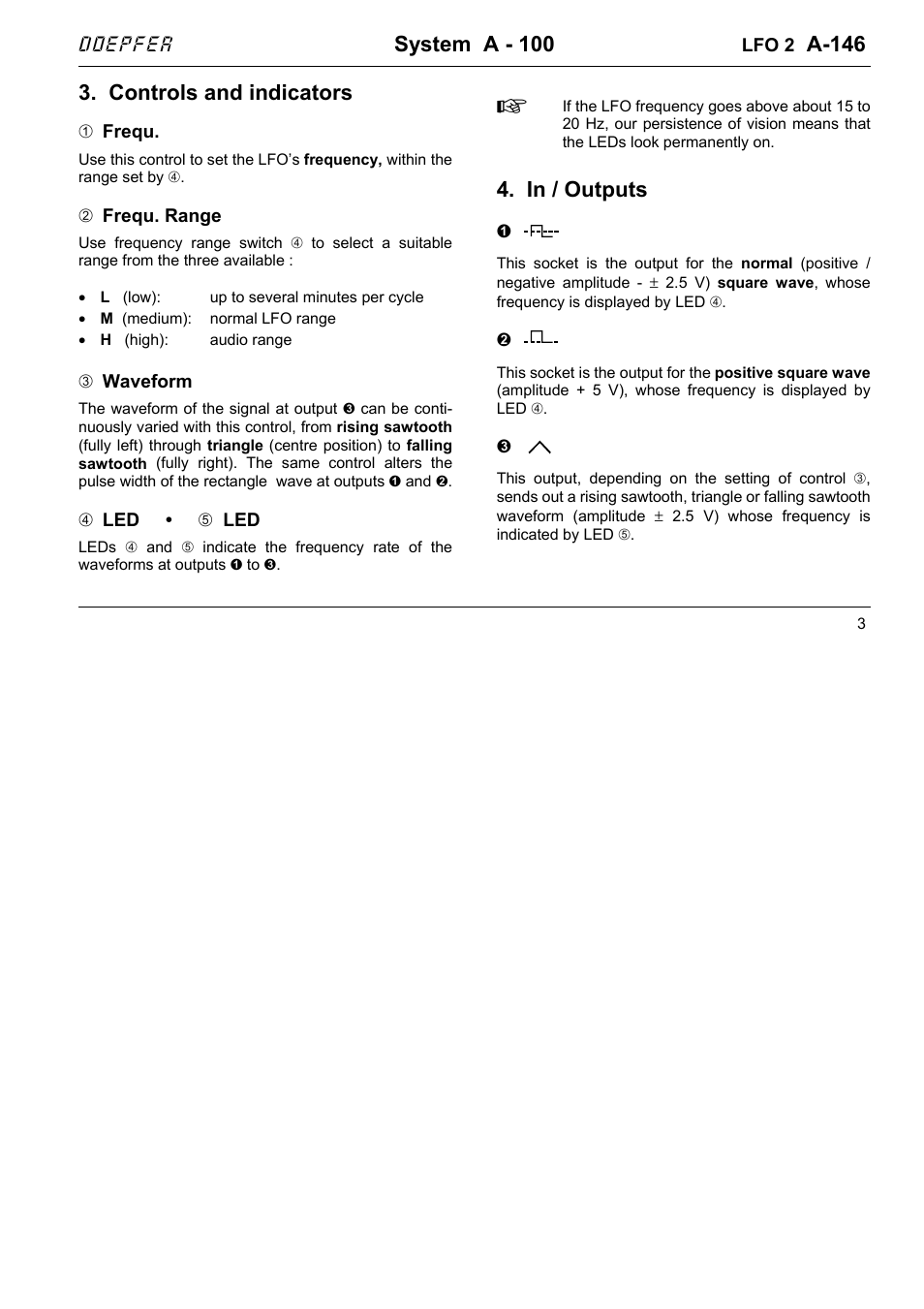 System a - 100, A-146, Controls and indicators | Doepfer A-146 LFO 2 (variable Waveform) User Manual | Page 3 / 8