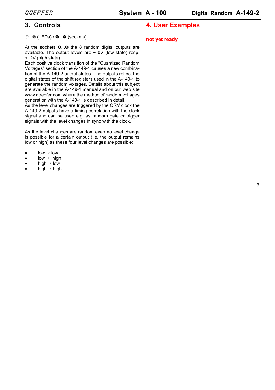 System a - 100, A-149-2, Controls | User examples, Doepfer | Doepfer A-149-2 Digital Random Voltages User Manual | Page 3 / 4
