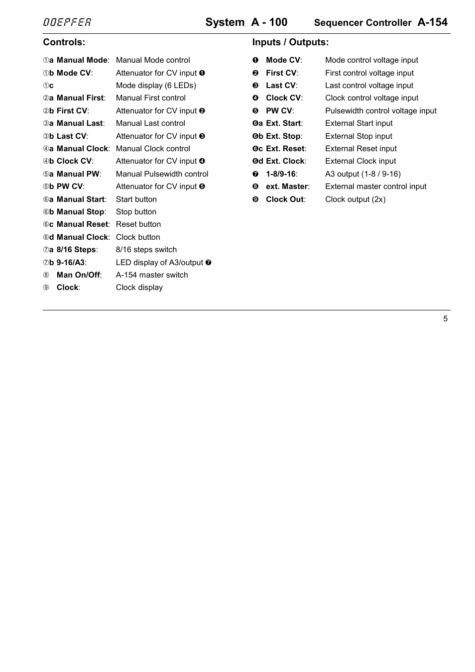 System a - 100, A-154, Doepfer | Sequencer controller, Controls, Inputs / outputs | Doepfer A-154 Sequencer Controller User Manual | Page 5 / 16