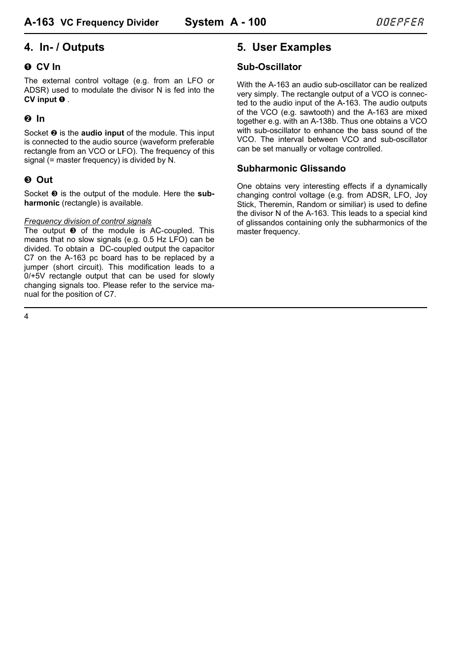 A-163, System a - 100, In- / outputs | User examples | Doepfer A-163 Voltage Controlled Divider User Manual | Page 4 / 6