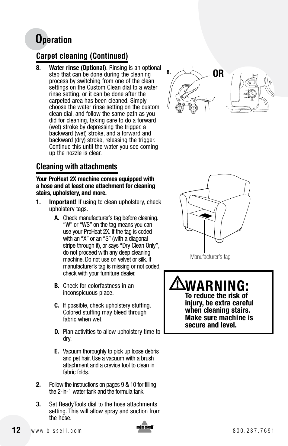Warning, Peration | Bissell PROHEAT2X 8960 User Manual | Page 12 / 24
