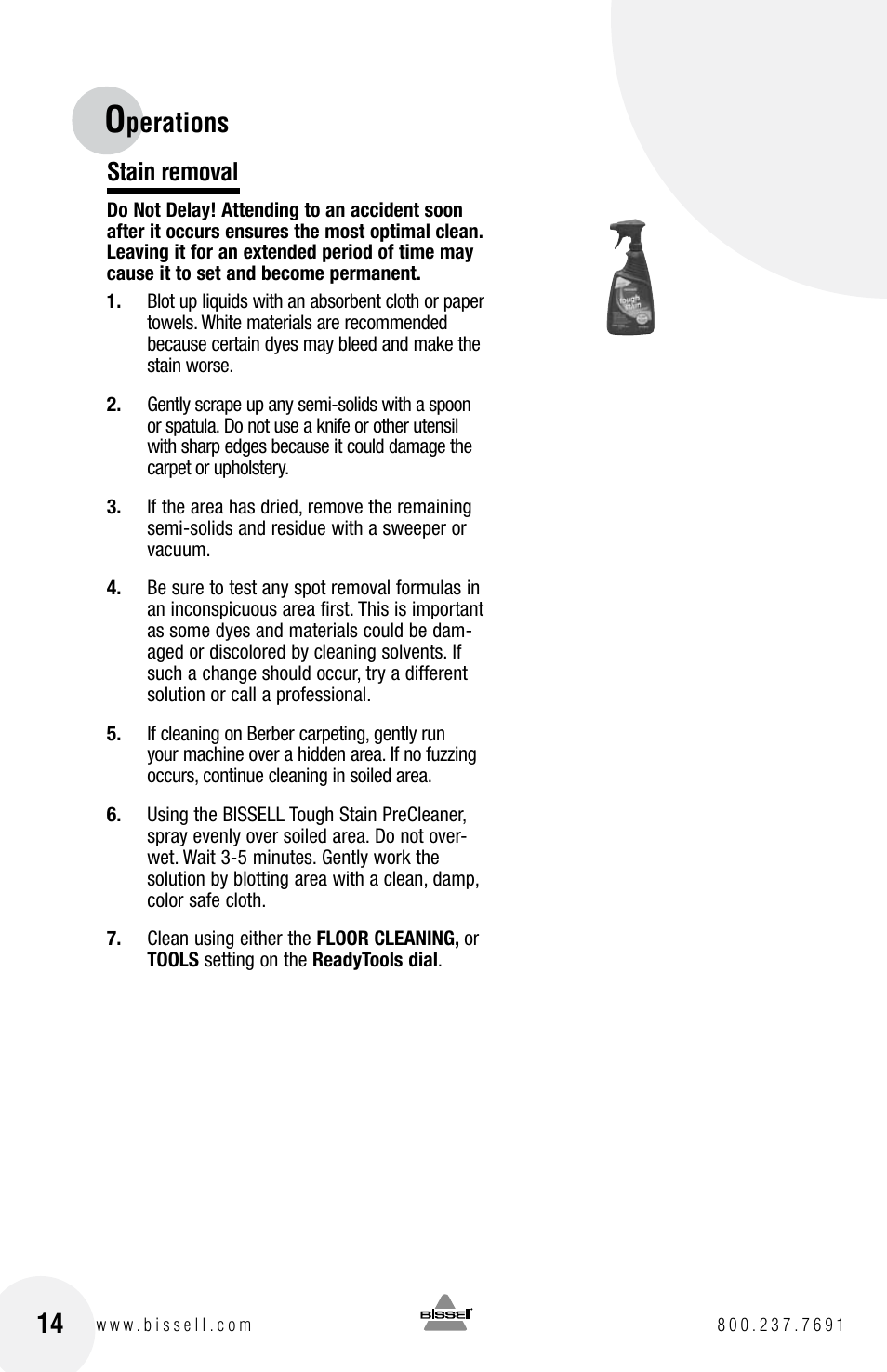 Perations, Stain removal | Bissell PROHEAT2X 8960 User Manual | Page 14 / 24