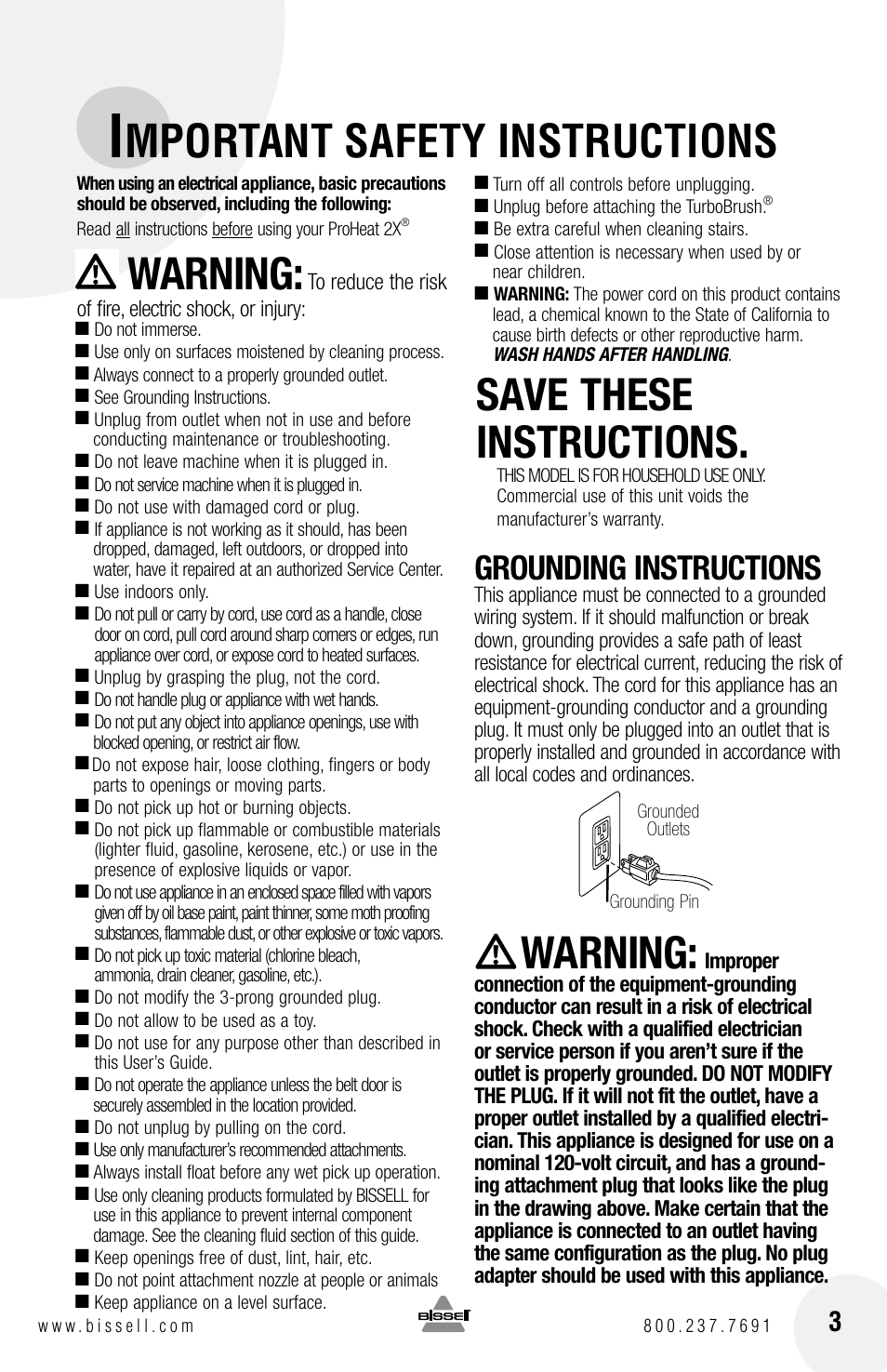Mportant safety instructions, Warning, Save these instructions | Grounding instructions | Bissell PROHEAT2X 8960 User Manual | Page 3 / 24