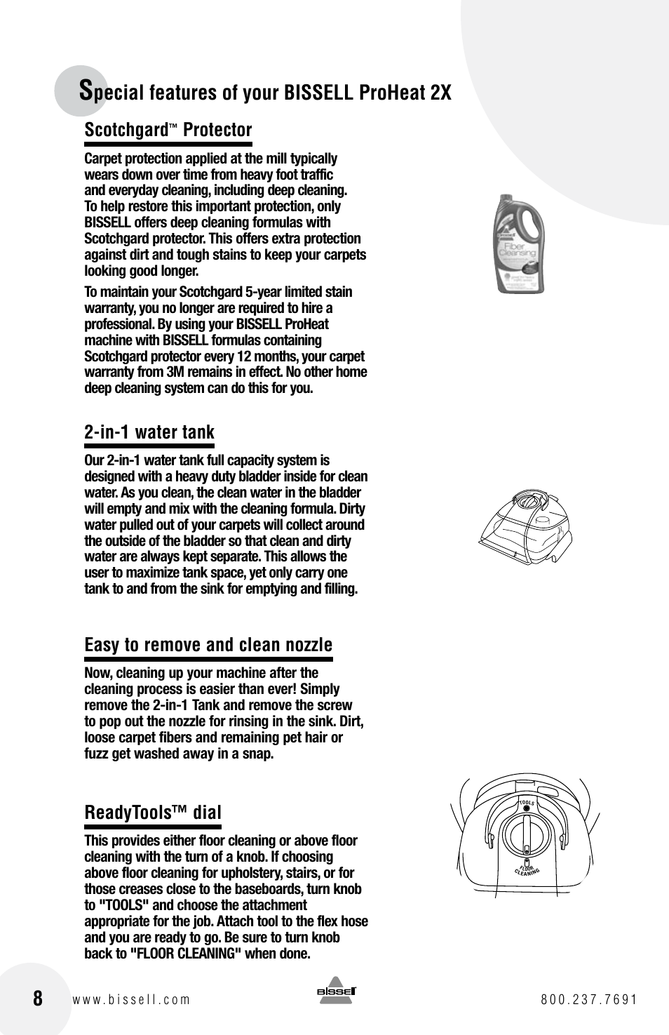 Pecial features of your bissell proheat 2x, Scotchgard, Protector | In-1 water tank, Easy to remove and clean nozzle, Readytools™ dial | Bissell PROHEAT2X 8960 User Manual | Page 8 / 24