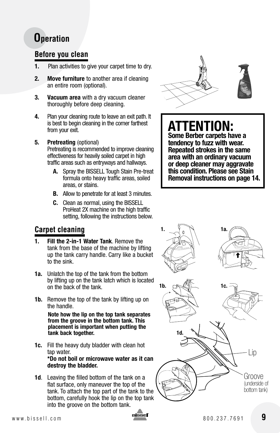 Attention, Peration, Lip groove | Before you clean, Carpet cleaning | Bissell PROHEAT2X 8960 User Manual | Page 9 / 24
