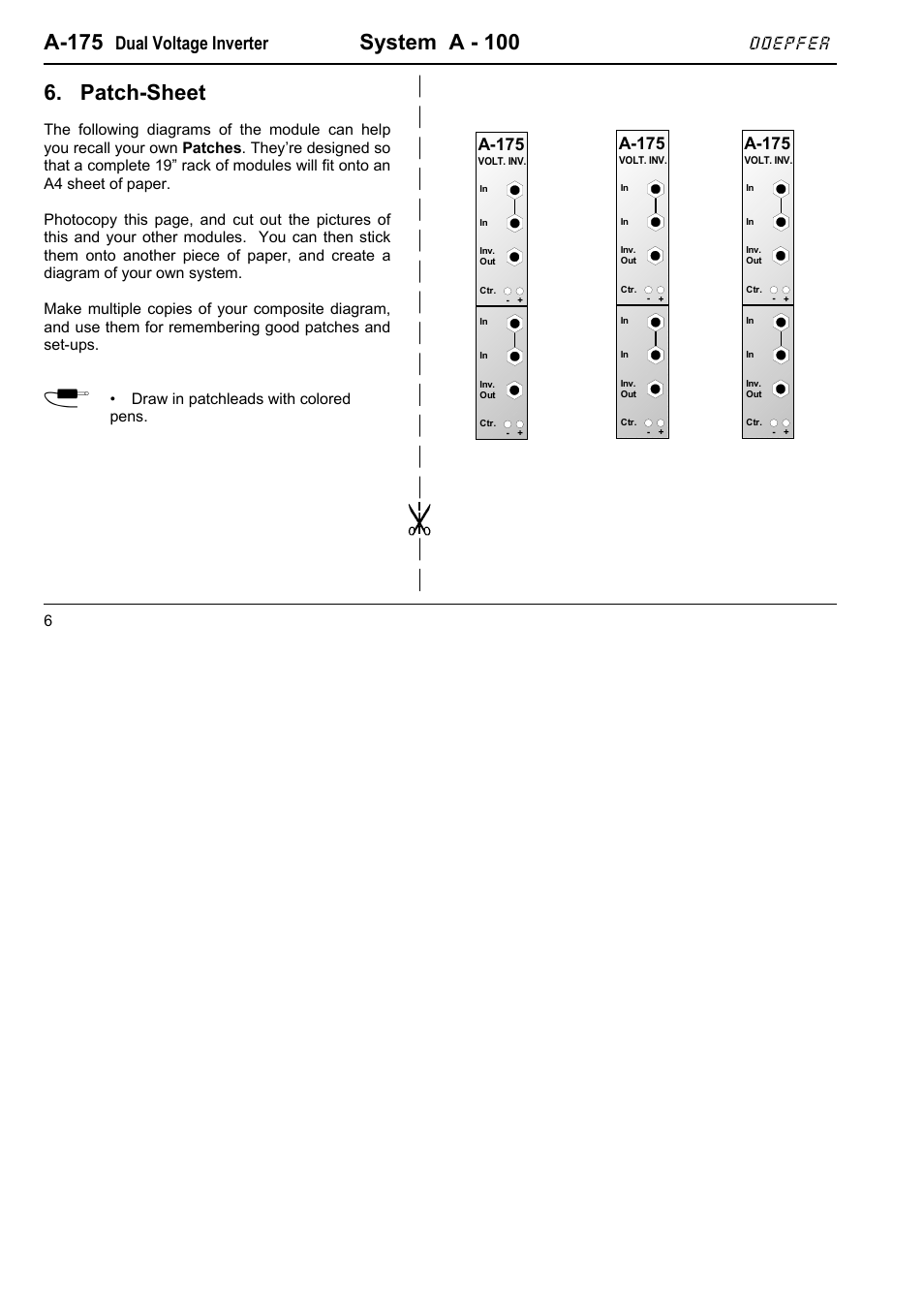 A-175, System a - 100, Patch-sheet | Dual voltage inverter, Doepfer, Draw in patchleads with colored pens | Doepfer A-175 Dual Voltage Inverter User Manual | Page 6 / 6