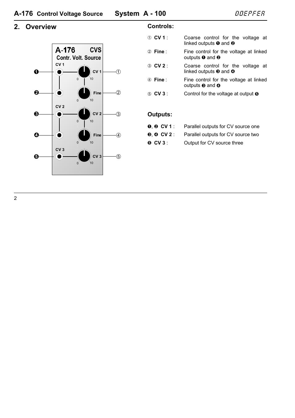 A-176, System a - 100, Overview | Doepfer, Control voltage source, Controls, Outputs, Contr. volt. source | Doepfer A-176 Triple Control Voltage Source User Manual | Page 2 / 6