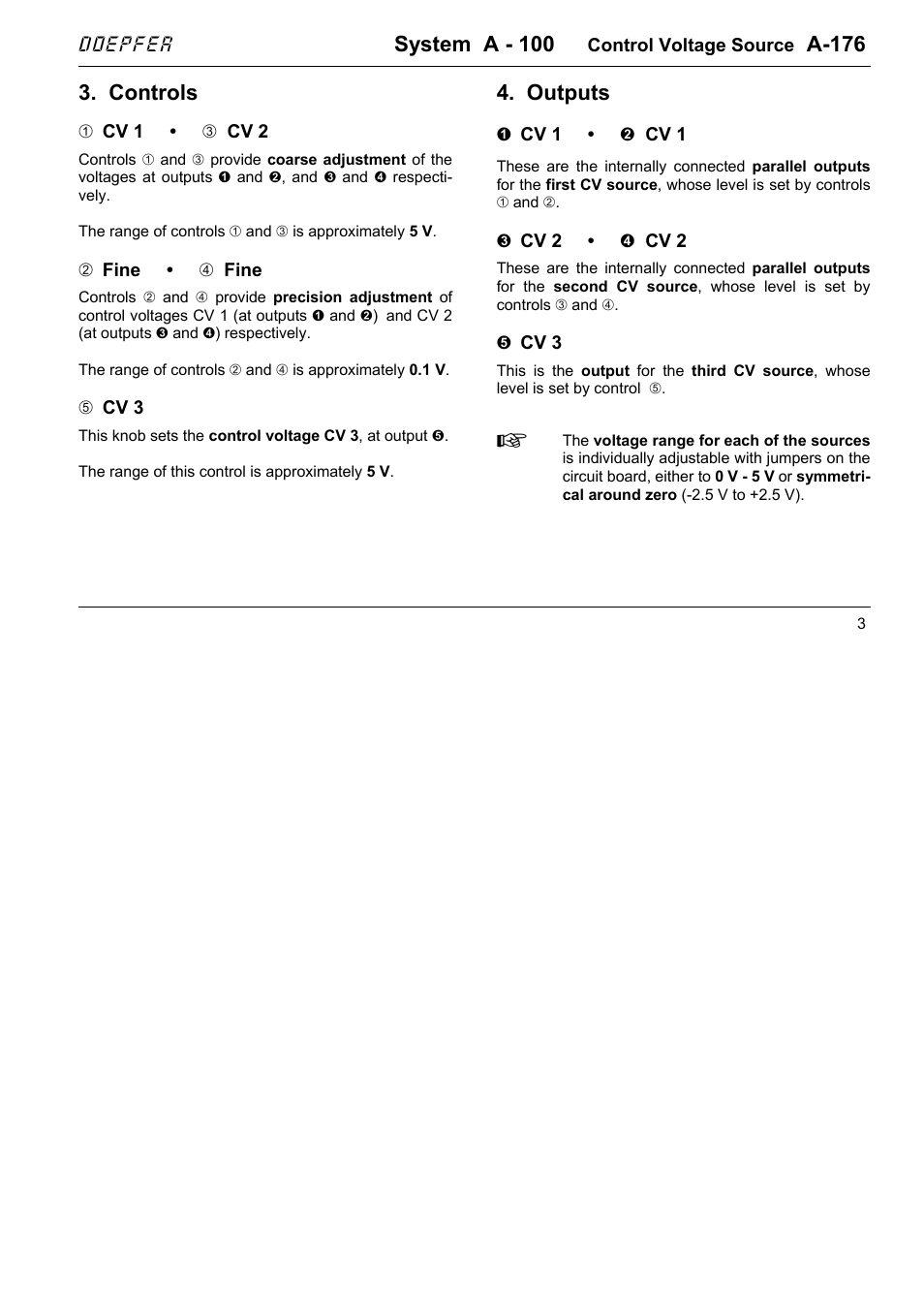 System a - 100, A-176, Controls | Outputs | Doepfer A-176 Triple Control Voltage Source User Manual | Page 3 / 6
